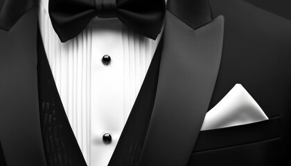 Formal black tuxedo jacket with black satin lapels black bow tie and pocket square. Classic menswear for wedding gala or black tie event