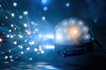 Neural nodes emitting light pulses in dynamic signal transmission visualization