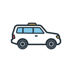 Fototapeta premium Side view of a white taxi vehicle in an urban setting, with city buildings in the background