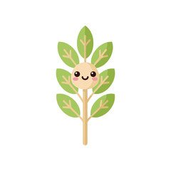 Whimsical cartoon character resembling a happy tree with green leaves and a smiling face