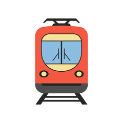 Vibrant red train approaching a station, with tracks leading into a bustling urban background