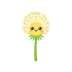 Whimsical cartoon dandelion character with a smiling face and fluffy seed head, set against a white background