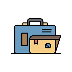 A blue suitcase and a yellow envelope with a tag, symbolizing travel and correspondence