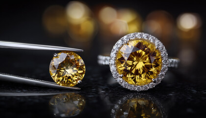 Yellow sapphire gemstone held by tweezers. Diamond halo ring displays central yellow gem. Luxury jewelry items with precious stones