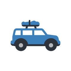 A blue SUV with a rooftop cargo carrier parked on a road surrounded by greenery