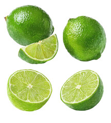 Fresh limes, whole and sliced, isolated on black