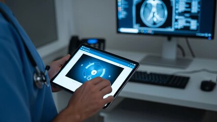 Doctor using a digital tablet for medical data analysis in a modern hospital setting. - Powered by Adobe