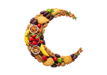 crescent moon composed of fruits nuts and pastries for ramadan eid mubarak