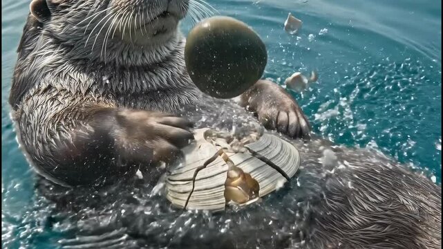 Sea otter uses stone to break open shell and eat clam while floating in water.