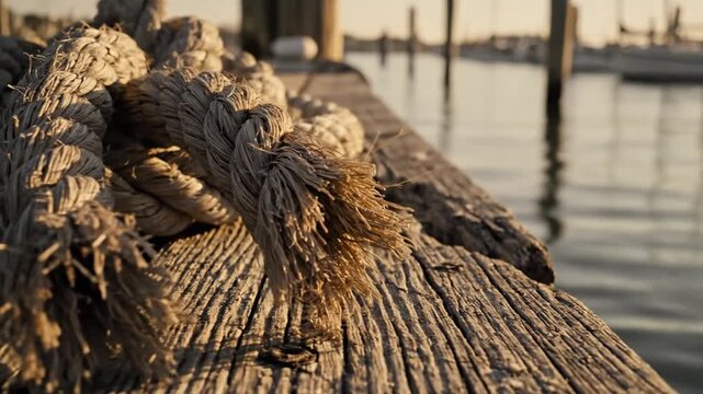 Close-up of weathered rope coils on a wooden dock by calm water with blurred background at sunset.