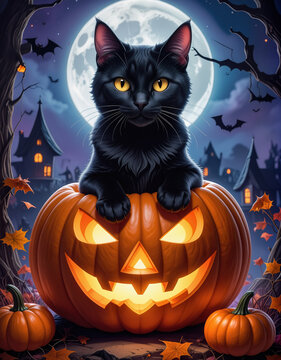A black Halloween cat sitting in a pumpkin