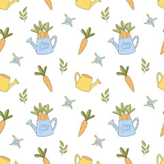 Easter seamless pattern with carrots and watering pots © Mariia
