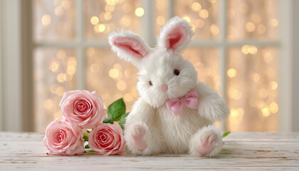 Cute fluffy white toy bunny sits on wood surface. Pink roses lie next to rabbit. Warm light shines from window creating soft bokeh