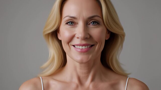 Beautiful blonde mature woman touching her skin and smiling in soft studio light, illustrating anti-aging skincare and natural beauty concepts