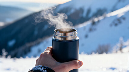 Person holding thermos with steaming hot drink in snowy mountain landscape