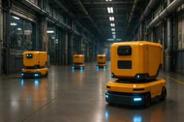 Autonomous mobile robots moving along a factory floor, highlighting industrial automation, smart technology, and logistical innovation