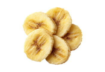 Close-up of several banana slices arranged in a circular pattern.  The slices are light golden-yellow, with visible textures and a slightly browned surface