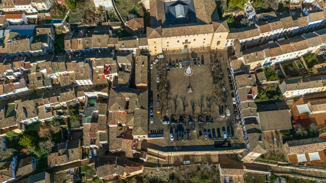 Drone view of the Ducal Palace of Princess Eboli and the Plaza de la Hora in Pastrana, Guadalajara, Spain