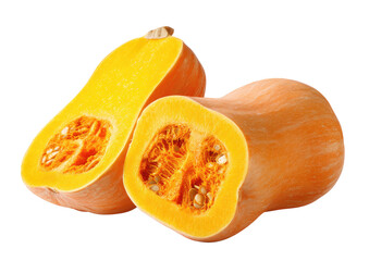 Two halves of a butternut squash, cut open, showcasing a vibrant yellow interior.  The exterior is a light orange/peach color.  Seeds are visible within the cavity