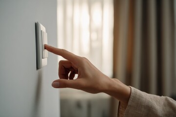 Female hand pressing light switch in bright room setting