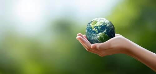 Person holding small earth model against green blurred background