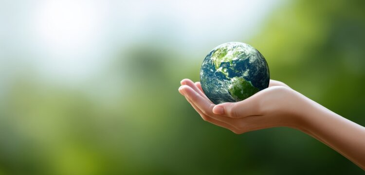 Person holding small earth model against green blurred background - Powered by Adobe
