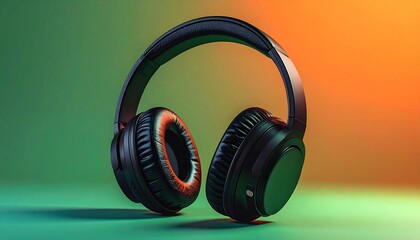 Black over-ear headphones centered on gradient background transitioning from green to orange with upright shadowed stance