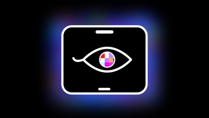 The digital interface features a glowing eye symbol within a rounded rectangular border symbolizing advanced surveillance technology or visual data processing capabilities in a modern dark setting - Powered by Adobe