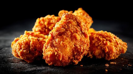 Crispy fried chicken pieces on a dark background with a focus on texture and color contrast