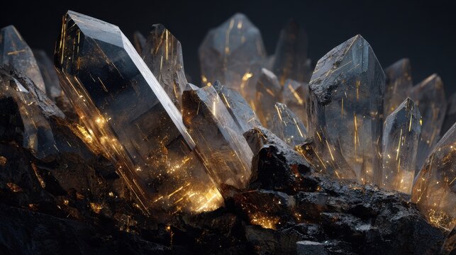 Shimmering crystal formation with glowing highlights and sharp edges in a dark setting - Powered by Adobe