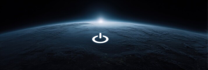 Rising sun over earth horizon with power symbol in space
