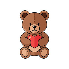 Cute cartoon teddy bear holding a red heart, sitting alone, digital illustration, front view, simple background