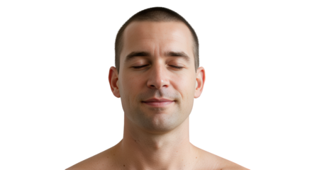 Shirtless man head and shoulders with closed eyes, Isolated On Transparent Background