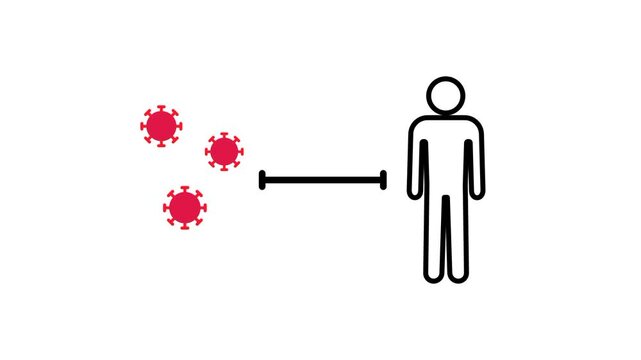 Red viral particles are shown moving toward a person across a measured gap to highlight how infectious pathogens can travel through the air when people are standing within close proximity to others