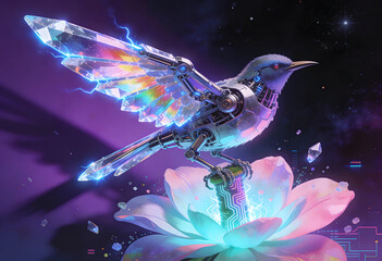 futuristic mechanical bird with colorful wings flying over a glowing flower