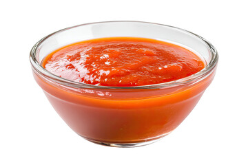 A clear glass bowl filled with a vibrant, chunky tomato sauce