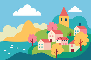Fototapeta premium Village By The Sea Surrounded By Flowering Trees
