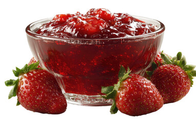 Strawberry jam in a glass bowl, surrounded by fresh berries