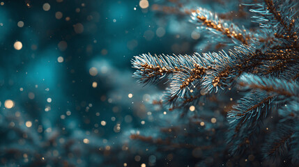 Close-up of evergreen needles bathed in enchanting bokeh lights, showcasing the serene beauty of the winter season. Magical ambiance.