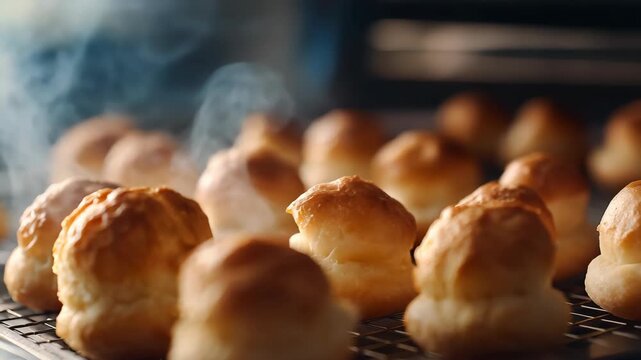 Profiteroles baking in oven. Bakery concept
