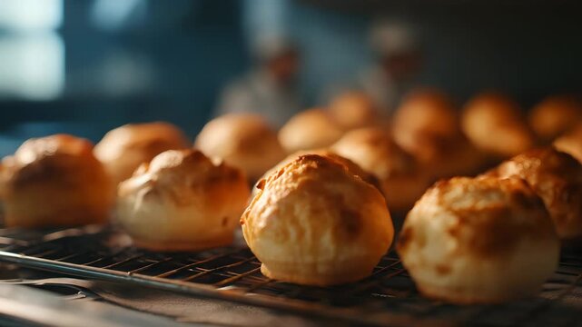 Profiteroles baking in oven. Bakery concept
