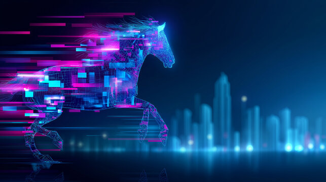 Digital glitch effect poster CNY, 2026 cyberpunk Chinese New Year, neon horse futuristic city, background modern tech celebration, innovative design display , with copy space