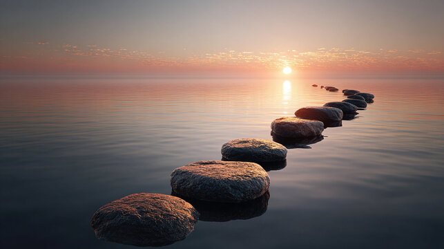 Stepping stones path across serene water at sunset, symbolizing journey, balance, and reflection, with a golden sun and peaceful horizon.