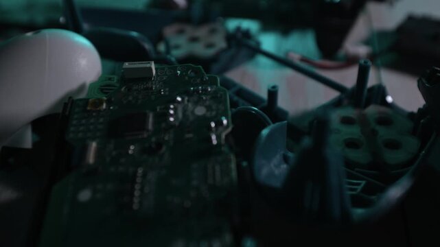 Fragments of a broken gamepad are scattered carelessly on the table.