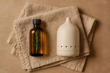 Rosemary essential oil bottle next to a ceramic aroma diffuser, creating a relaxing atmosphere for aromatherapy and wellness