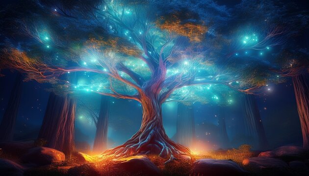 glowing tree in mystical forest at night