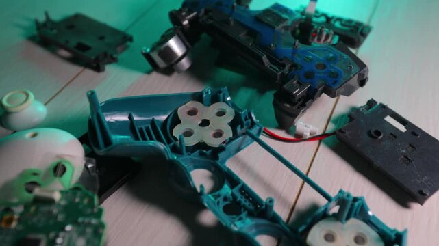 The parts from the game joystick are on the table.