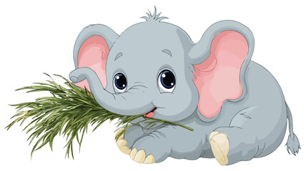 Obraz premium Adorable Baby Elephant Cartoon Eating Grass Vector Illustration