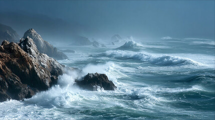 Ocean waves crash against rugged coastal rocks under a misty sky, displaying nature's raw power in a breathtaking seascape of coastal beauty.