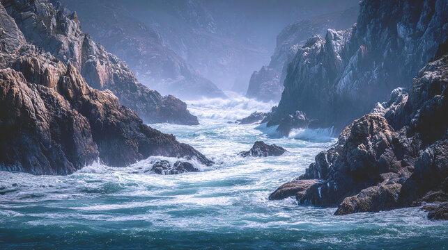 Rugged coastline, rocky cliffs meeting the wild ocean, waves crashing with misty spray in a beautiful scene of nature's power. - Powered by Adobe